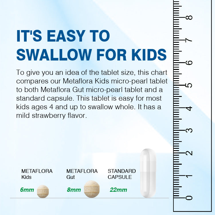 METAFLORA Kids Health Probiotics, is easy to swallow for kids. Our tablet is easy for most kids ages 4 and up to swallow whole. MetaFlora Kids has a mild strawberry flavor. 