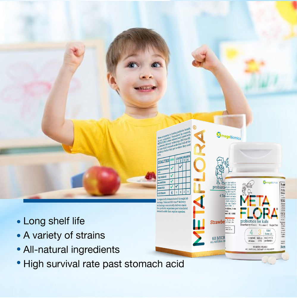 METAFLORA Kids Health Probiotics, long shelf life, a variety of strains, all-natural ingredients, high survival rate past stomach acid.