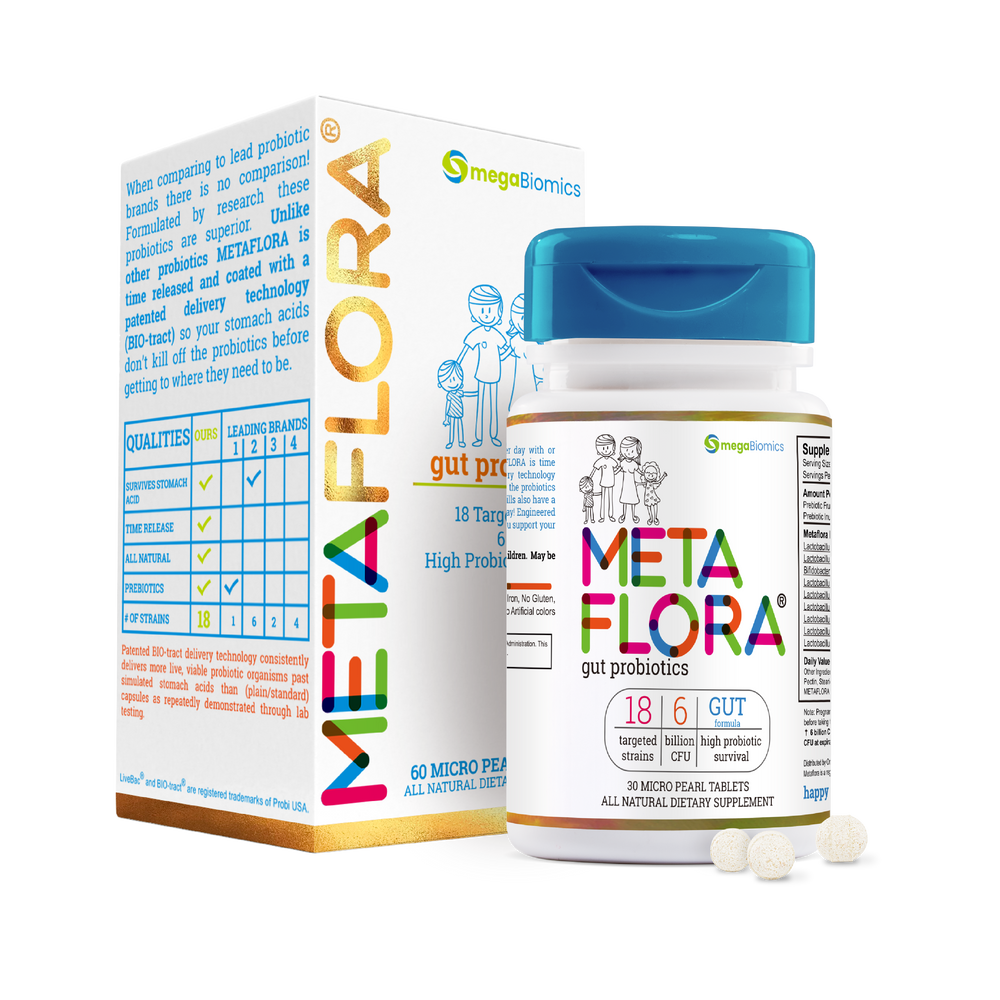 METAFLORA Gut Health Probiotics, Our gut probiotics is great for the entire family. Our pearl size tablets are easy to swallow and contain 18 targeted strains.