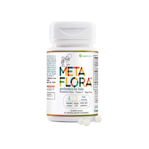 METAFLORA Kids Health Probiotics, contains 4 targeted strains, 3 billion CFU's, small pearl size tablet that taste like strawberries. 