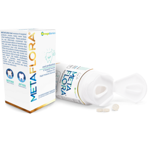 METAFLORA Oral Probiotics, 9 targeted strains, 3 billion cfu's, chewable mint tablet.