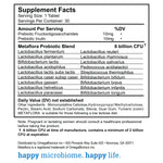 METAFLORA Gut Health Probiotics, supplement facts: serving size 1 tablet, serving per container, 30 tablets