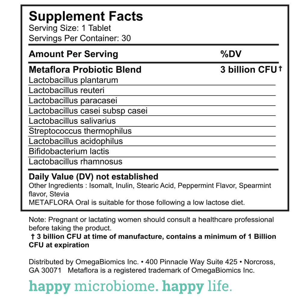 METAFLORA Oral Probiotic, Supplement facts: serving size 1 tablet, serving per container: 30,